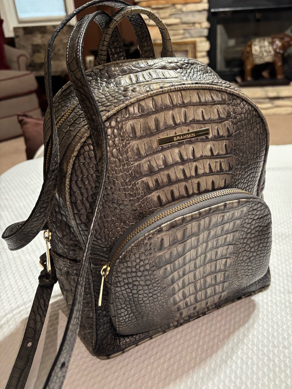 Brahmin Metallic Pewter Croc-Embossed Mini Backpack